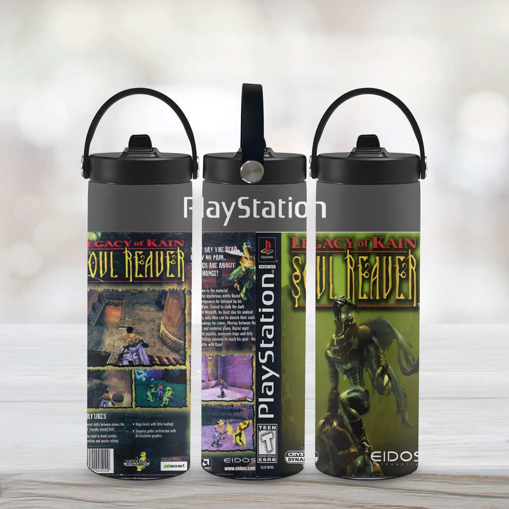 Three PlayStation-themed water bottles with 'Soul Reaver' graphics on a light wooden surface.