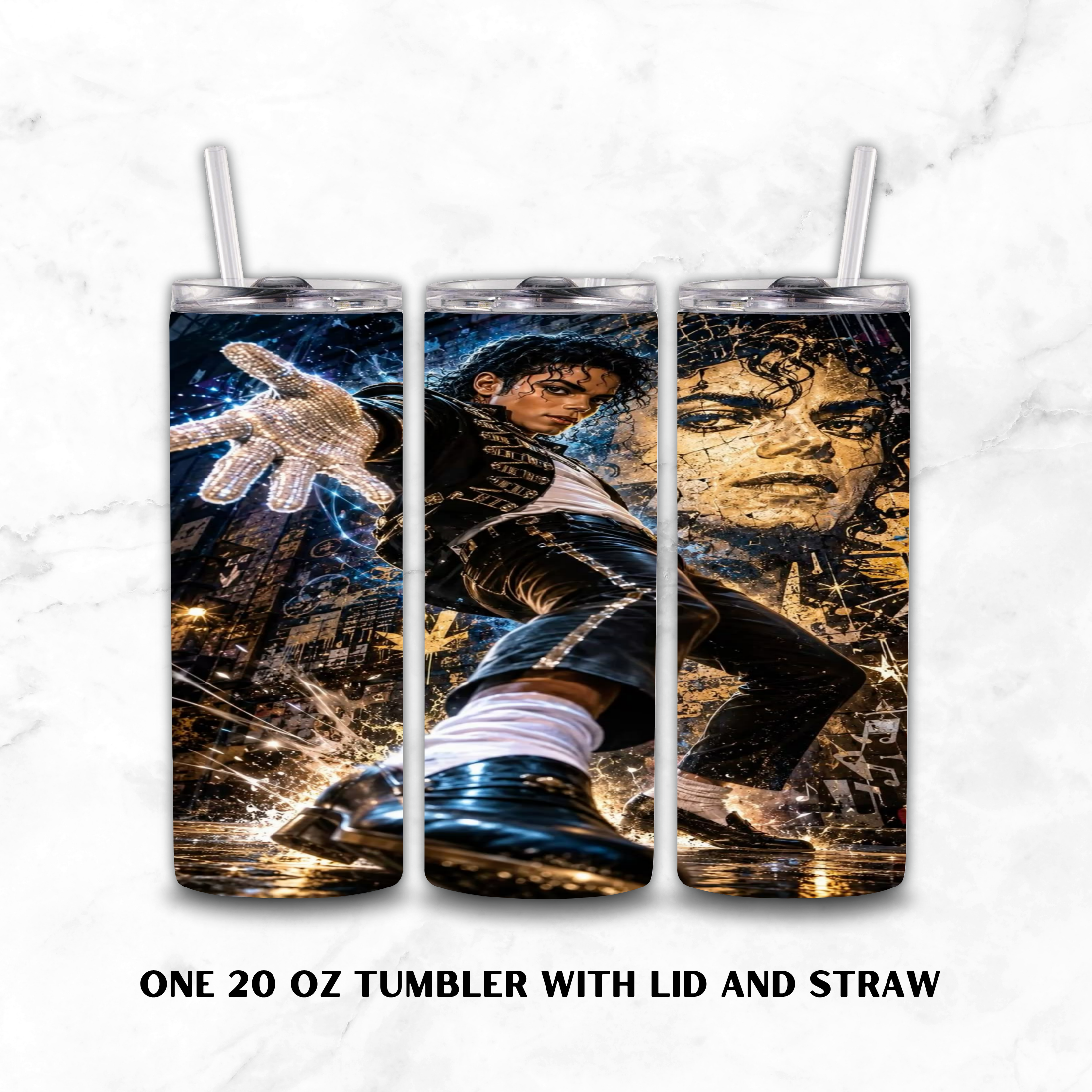 Three views of a 20 oz tumbler with lid and straw, featuring a Michael Jackson graphic print, displayed on a white marble background with text at the bottom.