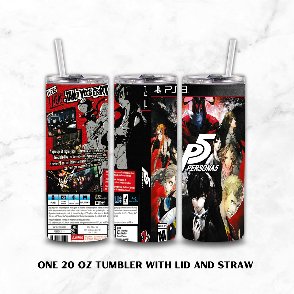 Three views of a 20 oz stainless steel tumbler with lid and straw, featuring a PlayStation 3 / Persona 5 themed wrap design on a white marble background.