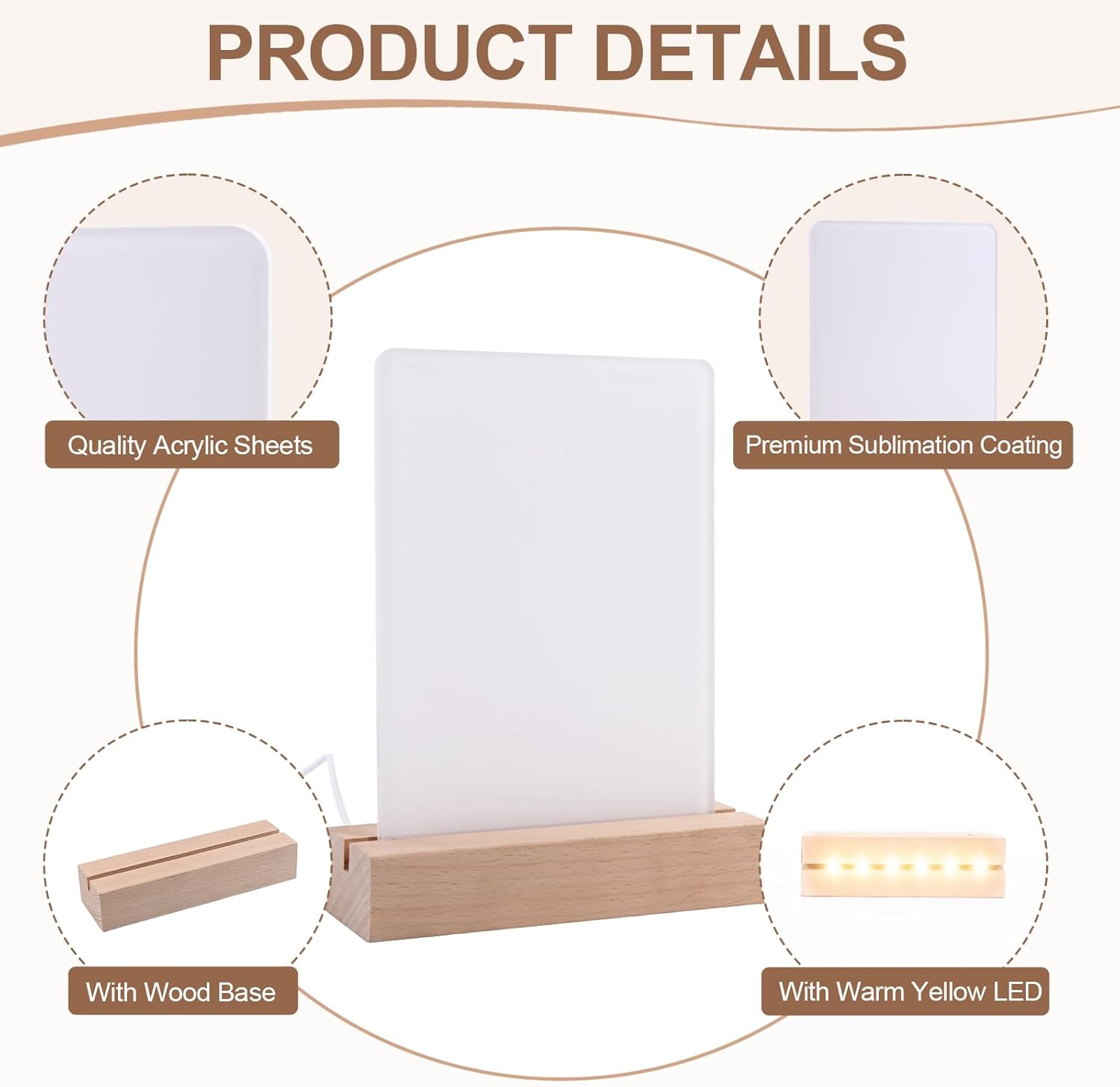 Product details of a display stand with acrylic sheets, wood base, and LED light.