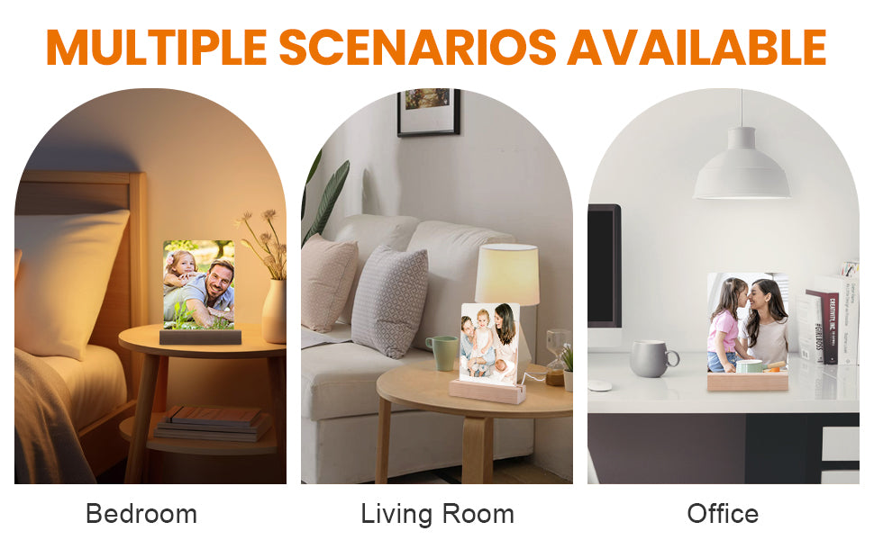 Three scenarios showing a photo frame night light in different settings: bedroom, living room, and office.