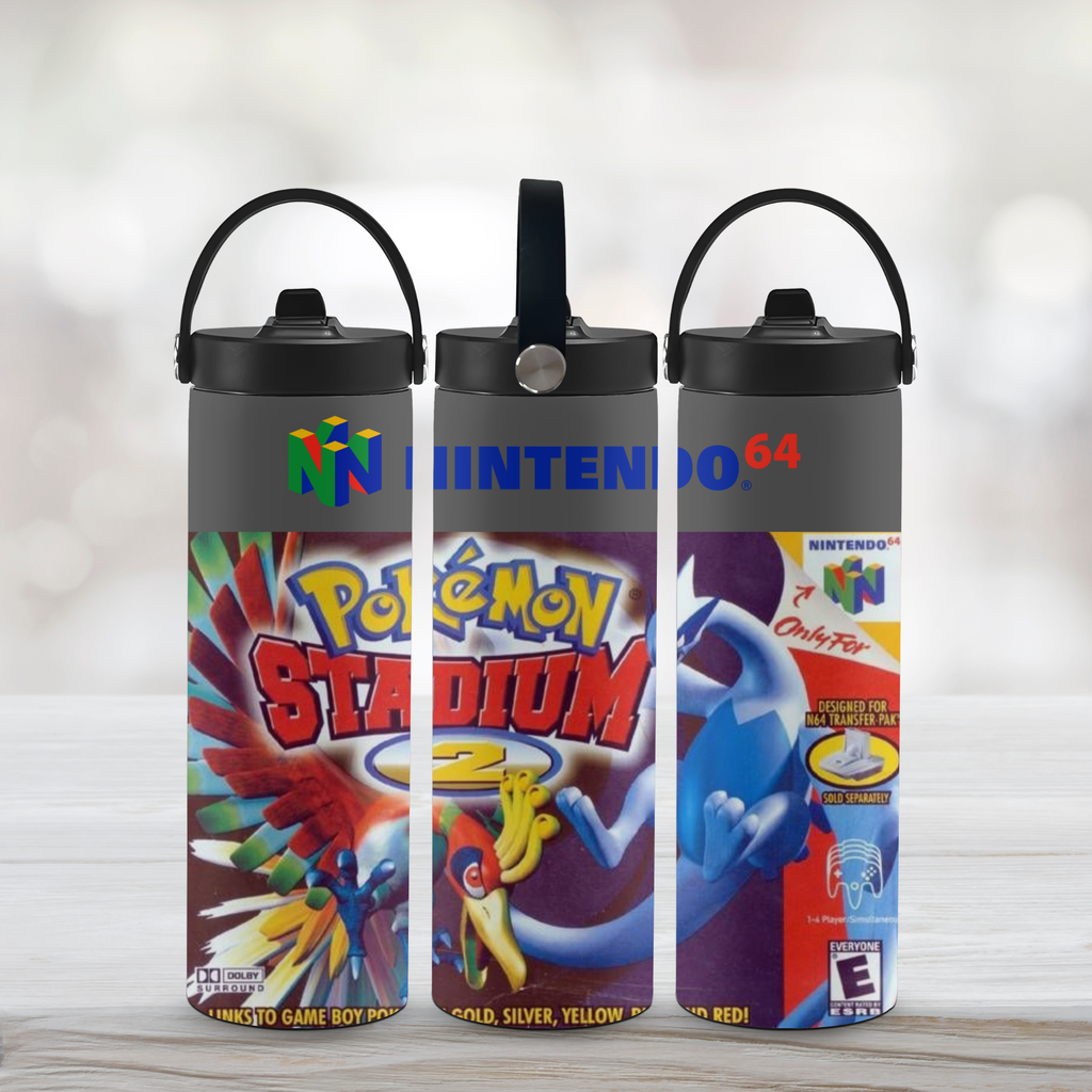 Three water bottles with Nintendo-themed Pokémon Stadium designs on a light background