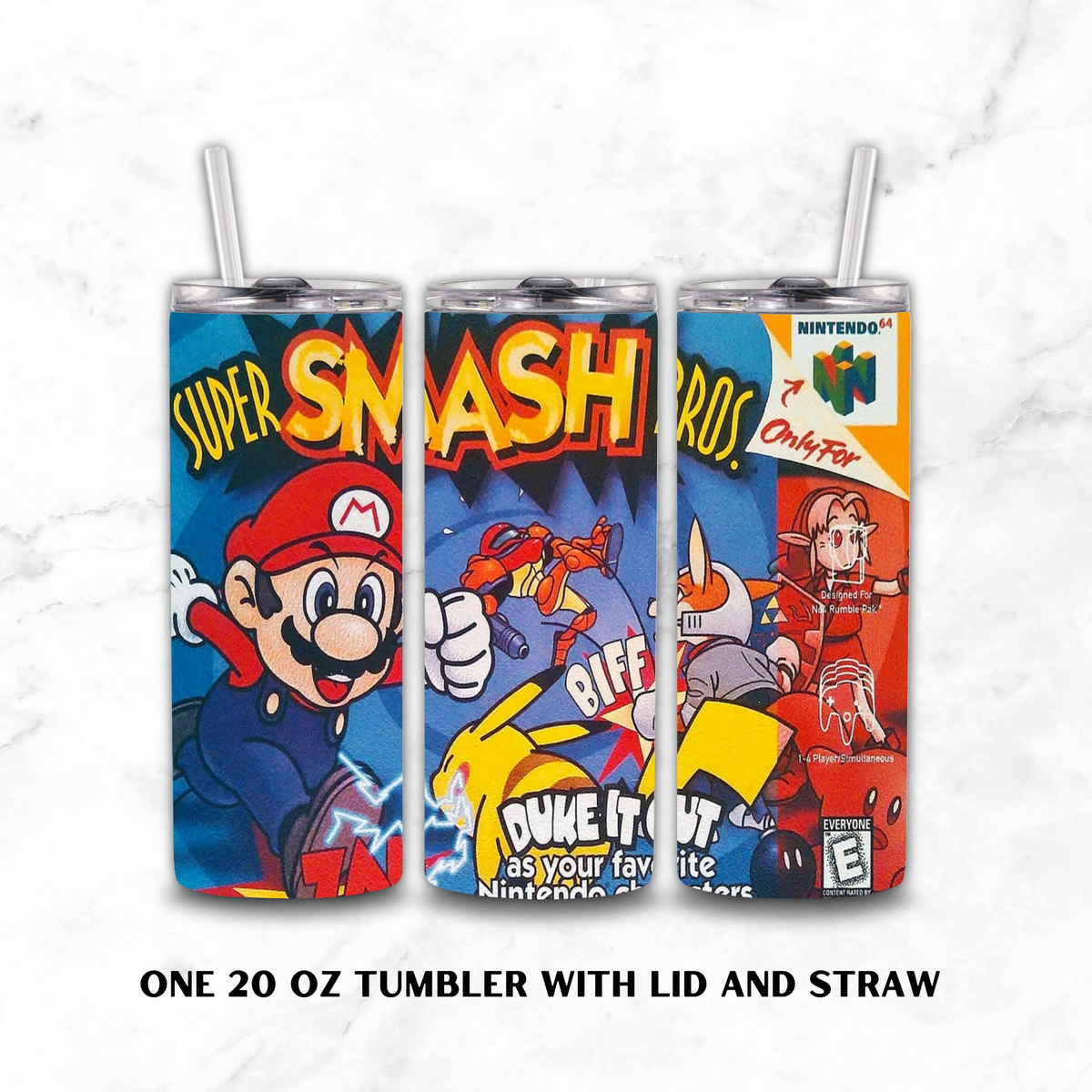 Three views of a 20 oz tumbler with lid and straw, featuring colorful Super Smash Bros. video game artwork on a white marble background.